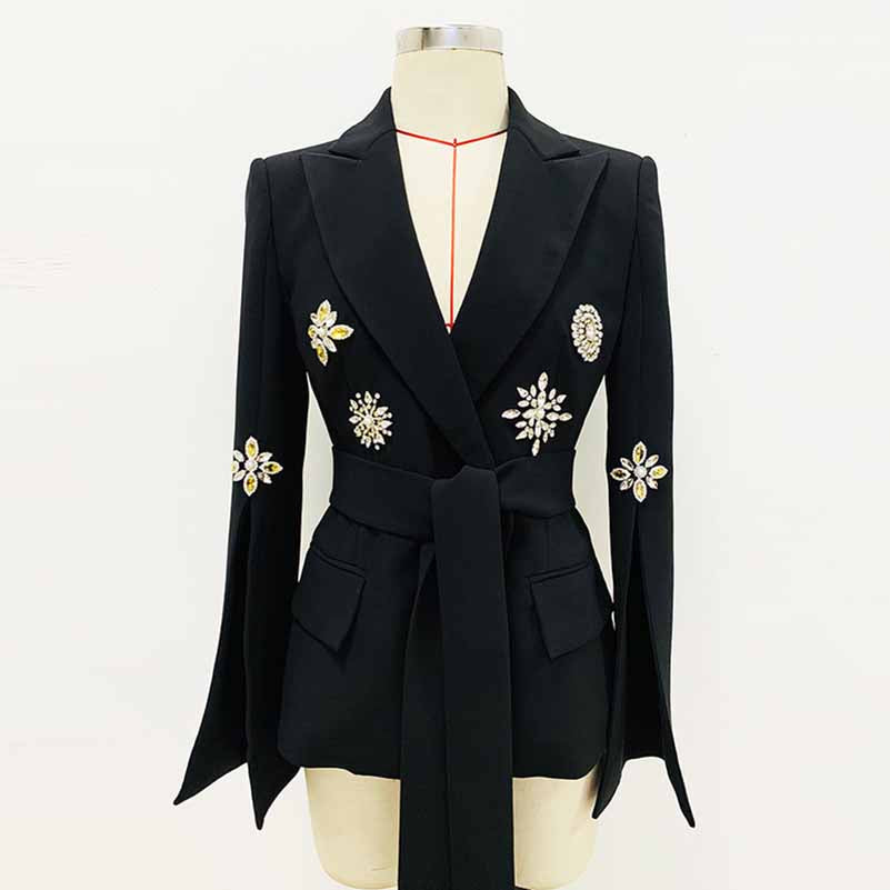 Women's Belted Embroidery Flare Sleeves White / Black Blazer Jacket Formal Event Blazer