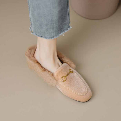 Ladies flat heeled winter shoes lined with rabbit fur slippers