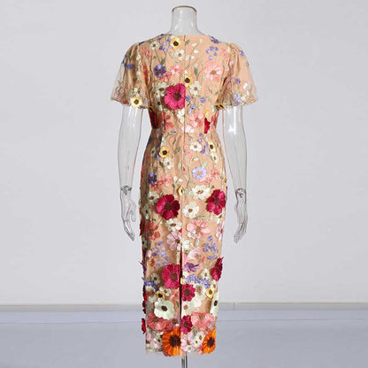 3D Flower Midi Dress Puff Sleeve Embroidered Midi Length Dress