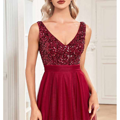 Womens Double V Neck High Low Sequin Tulle Plus Size Formal Evening Dresses