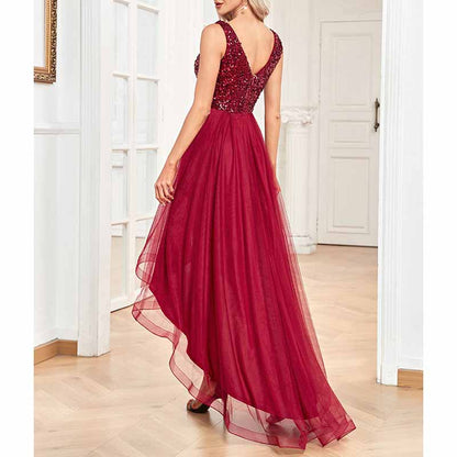 Womens Double V Neck High Low Sequin Tulle Plus Size Formal Evening Dresses