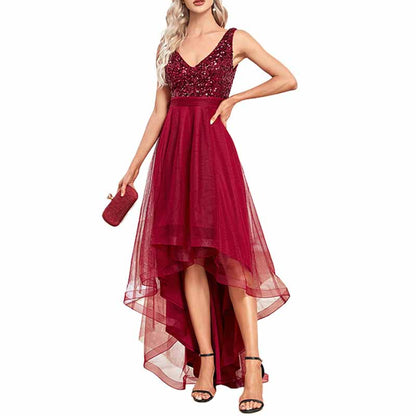 Womens Double V Neck High Low Sequin Tulle Plus Size Formal Evening Dresses