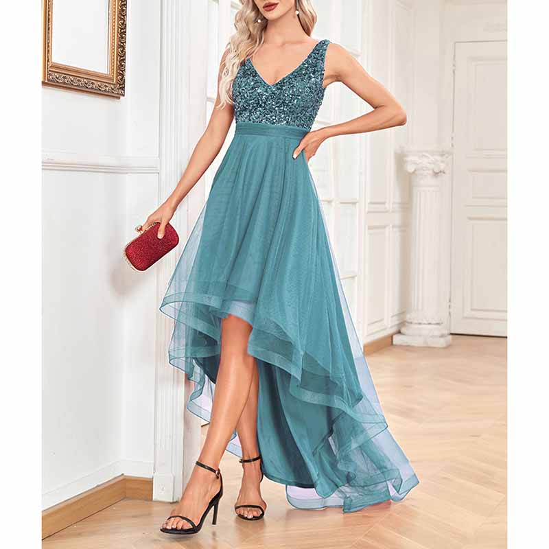 Womens Double V Neck High Low Sequin Tulle Plus Size Formal Evening Dresses