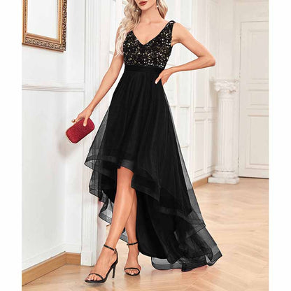 Womens Double V Neck High Low Sequin Tulle Plus Size Formal Evening Dresses