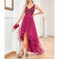 Womens Double V Neck High Low Sequin Tulle Plus Size Formal Evening Dresses