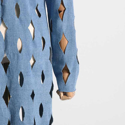 Women's Hollowed tassel long denim jacket fashion coat