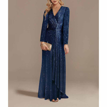 Womens V Neck Sequin Evening Formal Dress Long Sleeves Maxi Plus Size Prom Dress