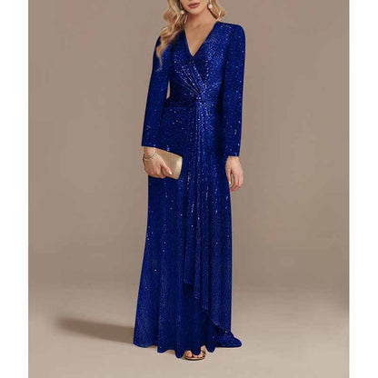 Womens V Neck Sequin Evening Formal Dress Long Sleeves Maxi Plus Size Prom Dress