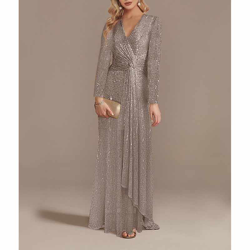Womens V Neck Sequin Evening Formal Dress Long Sleeves Maxi Plus Size Prom Dress