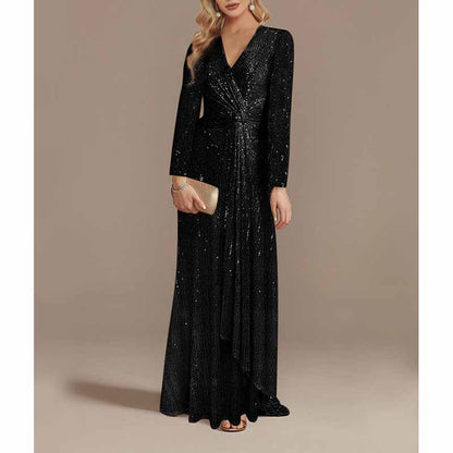 Womens V Neck Sequin Evening Formal Dress Long Sleeves Maxi Plus Size Prom Dress