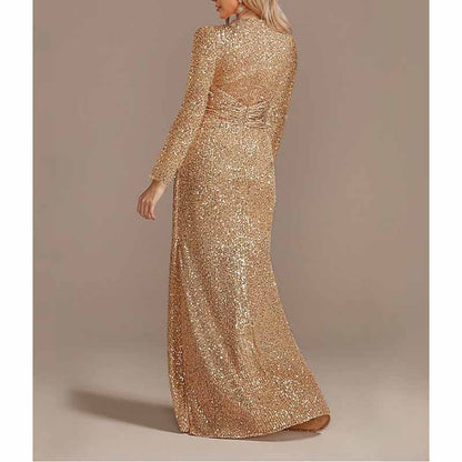 Womens V Neck Sequin Evening Formal Dress Long Sleeves Maxi Plus Size Prom Dress