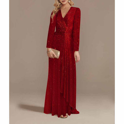 Womens V Neck Sequin Evening Formal Dress Long Sleeves Maxi Plus Size Prom Dress