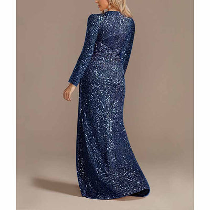 Womens V Neck Sequin Evening Formal Dress Long Sleeves Maxi Plus Size Prom Dress