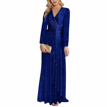 Womens V Neck Sequin Evening Formal Dress Long Sleeves Maxi Plus Size Prom Dress