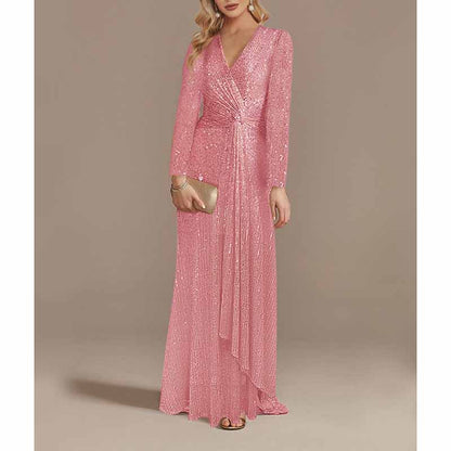 Womens V Neck Sequin Evening Formal Dress Long Sleeves Maxi Plus Size Prom Dress
