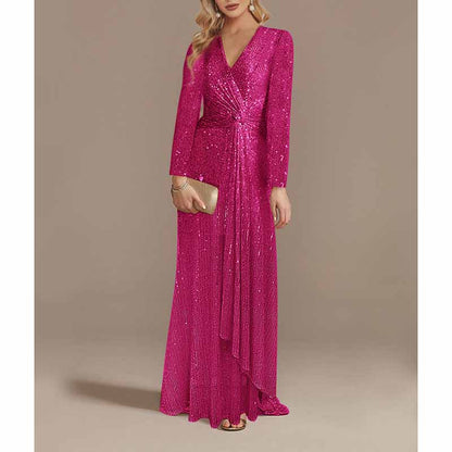 Womens V Neck Sequin Evening Formal Dress Long Sleeves Maxi Plus Size Prom Dress