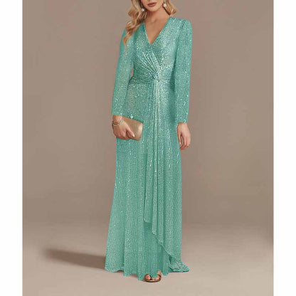 Womens V Neck Sequin Evening Formal Dress Long Sleeves Maxi Plus Size Prom Dress