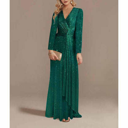 Womens V Neck Sequin Evening Formal Dress Long Sleeves Maxi Plus Size Prom Dress