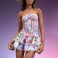 Butterflies Print Strapless Cinch Waist Layered Ruffled Mini Dresses