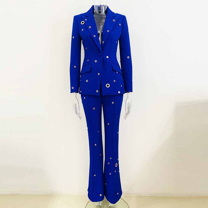 Women Hand Made Metal Rings Blazer + Mid-High Rise Flare Trousers Pants Suit in Royal blue, Wedding Suit