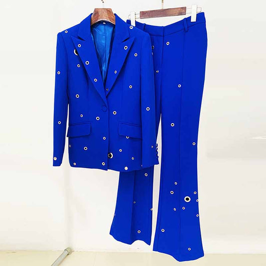 Women Hand Made Metal Rings Blazer + Mid-High Rise Flare Trousers Pants Suit in Royal blue, Wedding Suit