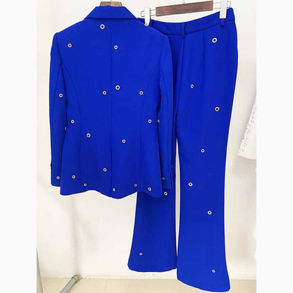Women Hand Made Metal Rings Blazer + Mid-High Rise Flare Trousers Pants Suit in Royal blue, Wedding Suit