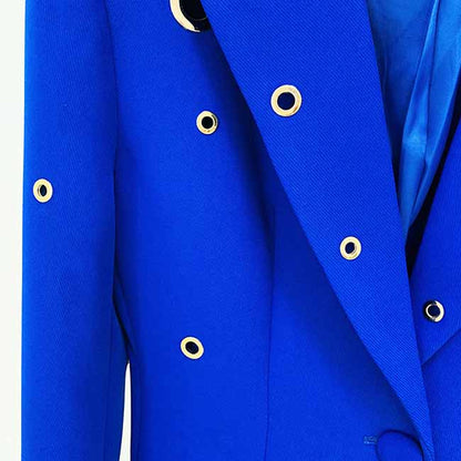 Women Hand Made Metal Rings Blazer + Mid-High Rise Flare Trousers Pants Suit in Royal blue, Wedding Suit