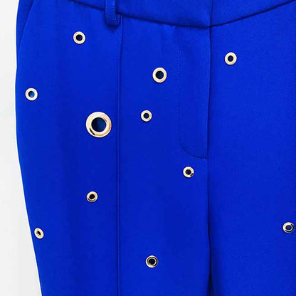 Women Hand Made Metal Rings Blazer + Mid-High Rise Flare Trousers Pants Suit in Royal blue, Wedding Suit