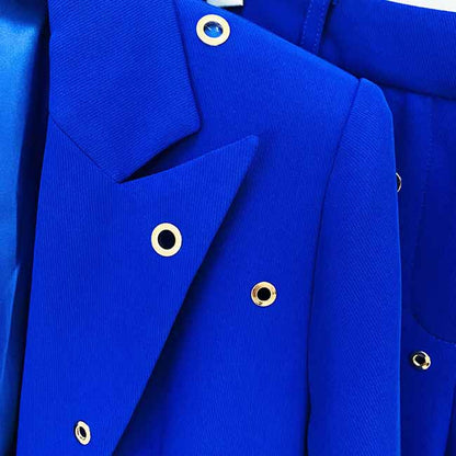 Women Hand Made Metal Rings Blazer + Mid-High Rise Flare Trousers Pants Suit in Royal blue, Wedding Suit