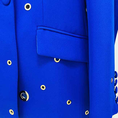 Women Hand Made Metal Rings Blazer + Mid-High Rise Flare Trousers Pants Suit in Royal blue, Wedding Suit