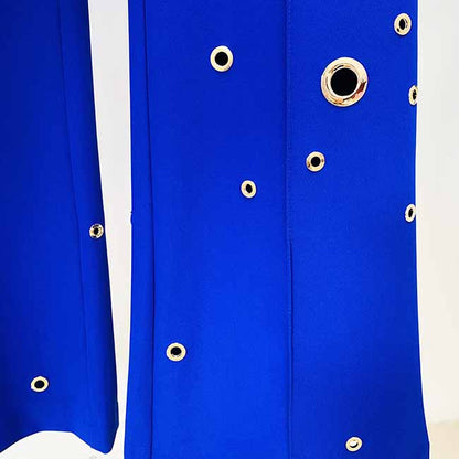 Women Hand Made Metal Rings Blazer + Mid-High Rise Flare Trousers Pants Suit in Royal blue, Wedding Suit
