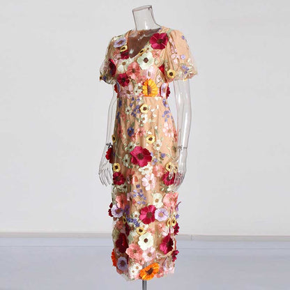 3D Flower Midi Dress Puff Sleeve Embroidered Midi Length Dress