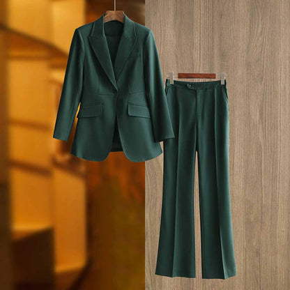 One Button Dark Green Pantsuit Fitted Blazer + Mid-High Rise Trousers Pantsuit Suit Formal Wear
