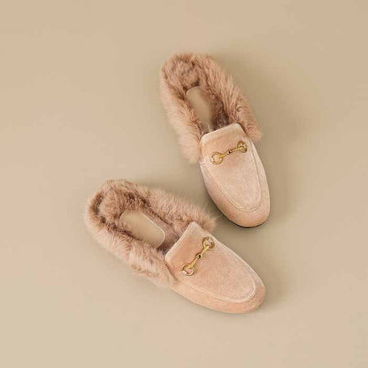 Ladies flat heeled winter shoes lined with rabbit fur slippers