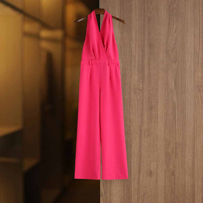 Women Fuchsia Halter Wide-Leg Jumpsuit