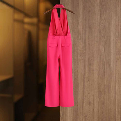 Women Fuchsia Halter Wide-Leg Jumpsuit