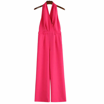Women Fuchsia Halter Wide-Leg Jumpsuit