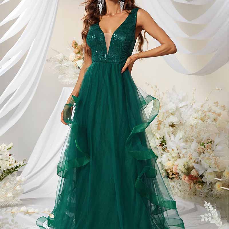 Sequin Body-con Dress In Dark Green Tulle Prom Dress