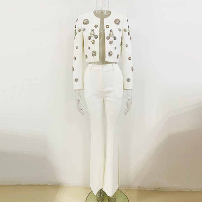 Women Hand Sewn Pearls Jewellery Crop Pantsuit Blazer Jacket + Flare Trousers Side Slit Pants Suit Wedding Suit Party Set