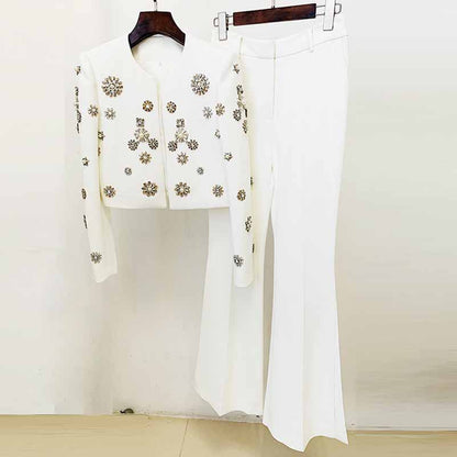 Women Hand Sewn Pearls Jewellery Crop Pantsuit Blazer Jacket + Flare Trousers Side Slit Pants Suit Wedding Suit Party Set