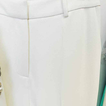 Women Hand Sewn Pearls Jewellery Crop Pantsuit Blazer Jacket + Flare Trousers Side Slit Pants Suit Wedding Suit Party Set