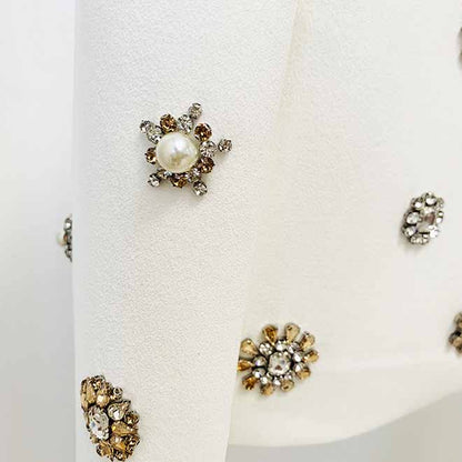 Women Hand Sewn Pearls Jewellery Crop Pantsuit Blazer Jacket + Flare Trousers Side Slit Pants Suit Wedding Suit Party Set