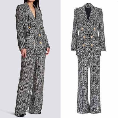 Women's Golden Buttons Abstract Pattern Fitted Pantsuit With Belt