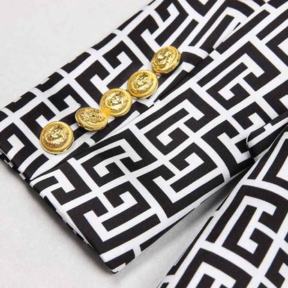 Women's Golden Buttons Abstract Pattern Fitted Pantsuit With Belt