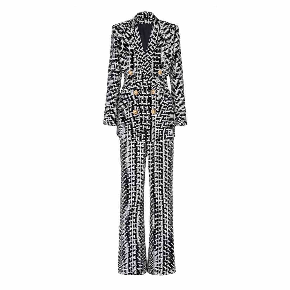 Women's Golden Buttons Abstract Pattern Fitted Pantsuit With Belt – SD ...