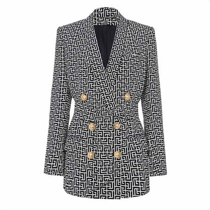 Women's Golden Buttons Abstract Pattern Fitted Pantsuit With Belt