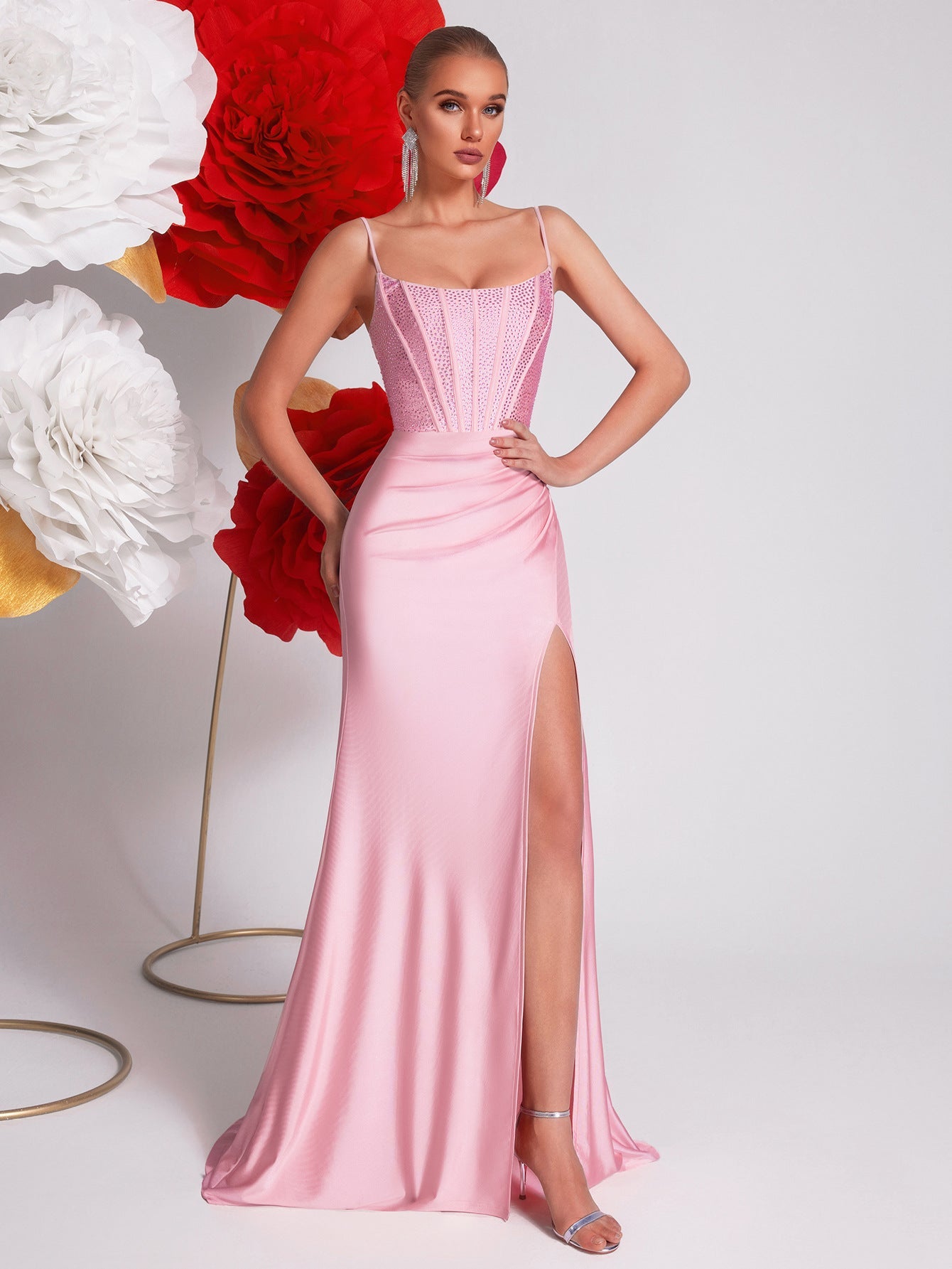 Pink Evening Gown – Crystal Appliques High Slit Mermaid Dress for Formal Events & Prom