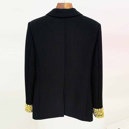 Women's Luxury black One Button Blazer Hand Sewn Golden Metal Studs Mid-length Blazer Coat