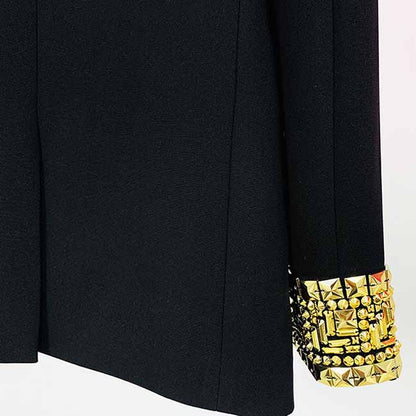 Women's Luxury black One Button Blazer Hand Sewn Golden Metal Studs Mid-length Blazer Coat