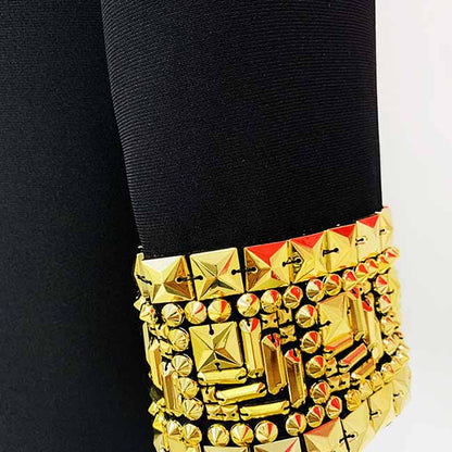 Women's Luxury black One Button Blazer Hand Sewn Golden Metal Studs Mid-length Blazer Coat